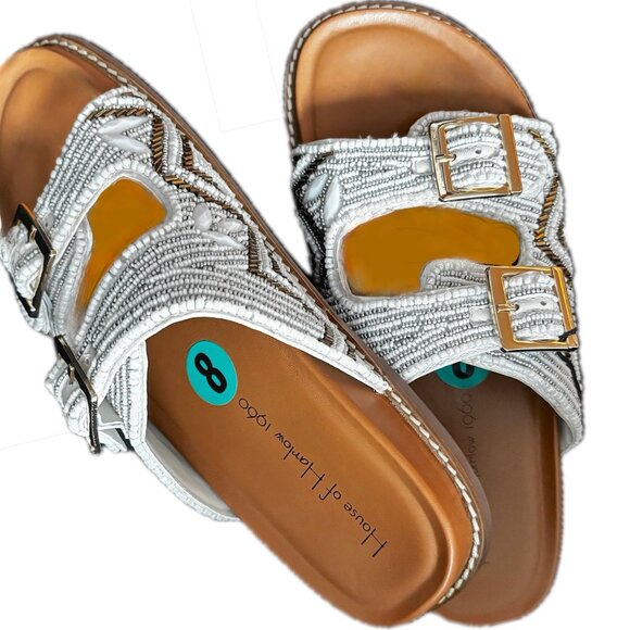 House of Harlow Beaded Flat Sandal Double Buckle White Shimmer Gold Sz 8 NEW - Picture 9 of 10